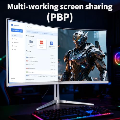 ZZA 34 Gaming Monitor 165Hz/180Hz WQHD  3440x1440P  Ultrawide 34 White Curved Monitor FreeSync for Tear Free Gaming 100  sRGB  HDMI 2 1 & DP 1 4 PBP Mode Wall Mountable
