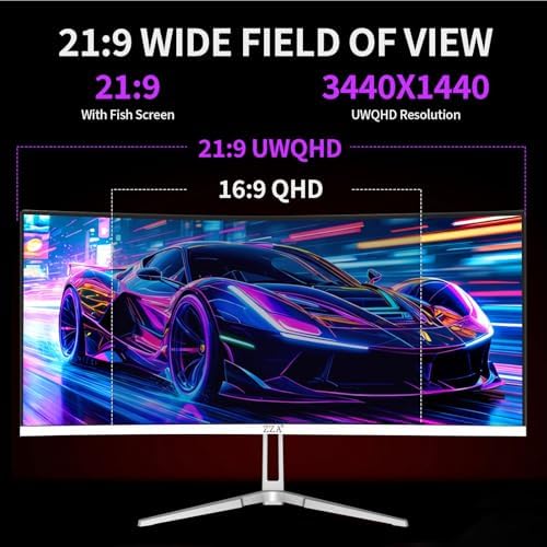 ZZA 34 Gaming Monitor 165Hz/180Hz WQHD  3440x1440P  Ultrawide 34 White Curved Monitor FreeSync for Tear Free Gaming 100  sRGB  HDMI 2 1 & DP 1 4 PBP Mode Wall Mountable