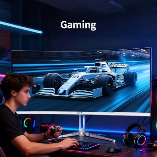 ZZA 34 Gaming Monitor 165Hz/180Hz WQHD  3440x1440P  Ultrawide 34 White Curved Monitor FreeSync for Tear Free Gaming 100  sRGB  HDMI 2 1 & DP 1 4 PBP Mode Wall Mountable