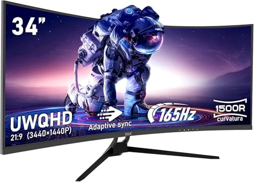 ZZA UltraWide 34 inch Curved Monitor 1500R PC Screen 165hz Refresh Rate WQHD 3440x1440 Computer Gaming Monitor VA PanelAMD FreeSync Premium   HDR10   99  sRGB   VESA