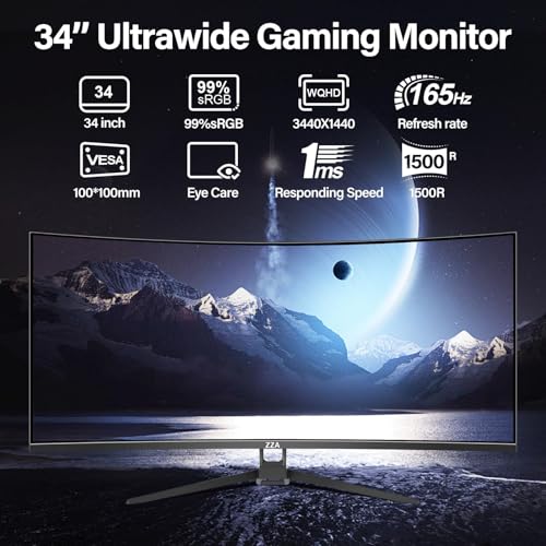 ZZA UltraWide 34 inch Curved Monitor 1500R PC Screen 165hz Refresh Rate WQHD 3440x1440 Computer Gaming Monitor VA PanelAMD FreeSync Premium   HDR10   99  sRGB   VESA
