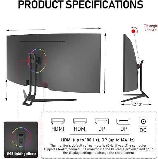 ZZA UltraWide 34 inch Curved Monitor 1500R PC Screen 165hz Refresh Rate WQHD 3440x1440 Computer Gaming Monitor VA PanelAMD FreeSync Premium   HDR10   99  sRGB   VESA