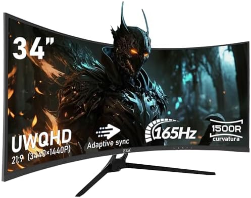 ZZA UltraWide 34 inch Curved Monitor 1500R PC Screen 165hz Refresh Rate WQHD 3440x1440 Computer Gaming Monitor VA PanelAMD FreeSync Premium   HDR10   99  sRGB   VESA