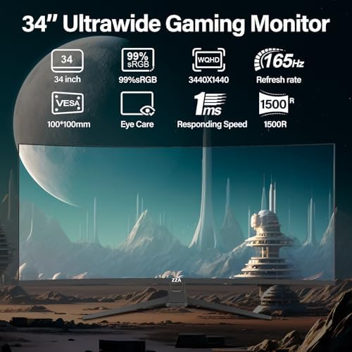 ZZA UltraWide 34 inch Curved Monitor 1500R PC Screen 165hz Refresh Rate WQHD 3440x1440 Computer Gaming Monitor VA PanelAMD FreeSync Premium   HDR10   99  sRGB   VESA