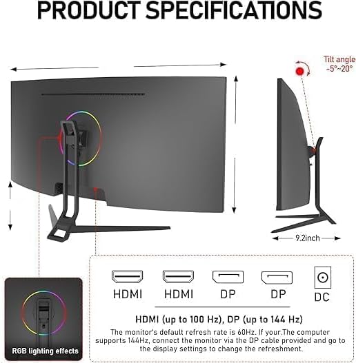 ZZA UltraWide 34 inch Curved Monitor 1500R PC Screen 165hz Refresh Rate WQHD 3440x1440 Computer Gaming Monitor VA PanelAMD FreeSync Premium   HDR10   99  sRGB   VESA