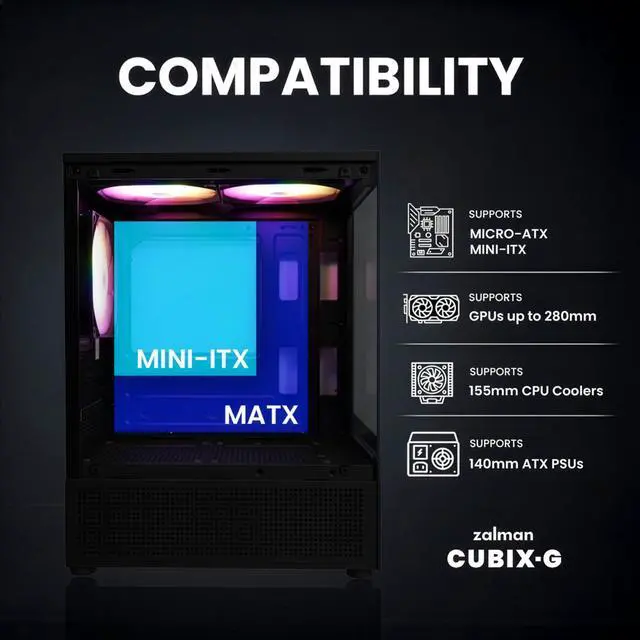 Zalman CUBIX G Micro ATX PC Case  MATX Case with 3 X 120mm FRGB Fans Pre Installed  Panoramic View Tempered Glass Panels  USB Type C Port  Fits up to 280mm GPUs  Black
