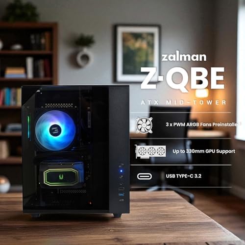 Zalman ZQBE ATX Mid Tower PC Case  3 x PWM ARGB Fans with Multi Port Fan Hub RGB Controller Included  USB Type C 3 2  240mm Radiator Support  Full View Panoramic Tempered Glass Panels  Black