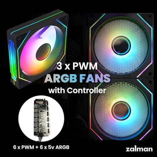 Zalman ZQBE ATX Mid Tower PC Case  3 x PWM ARGB Fans with Multi Port Fan Hub RGB Controller Included  USB Type C 3 2  240mm Radiator Support  Full View Panoramic Tempered Glass Panels  Black