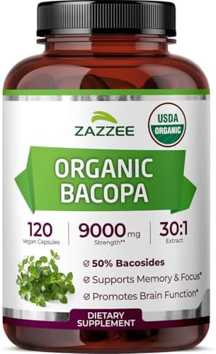 Zazzee USDA Organic Bacopa 30 1 Extract  50  Bacosides  120 Vegan Capsules  4 Month Supply  Bacopa Monnieri  Cognitive  Brain & Memory Support  Non GMO  Organic Herbal Supplement  Made in the USA