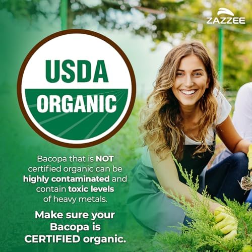 Zazzee USDA Organic Bacopa 30 1 Extract  50  Bacosides  120 Vegan Capsules  4 Month Supply  Bacopa Monnieri  Cognitive  Brain & Memory Support  Non GMO  Organic Herbal Supplement  Made in the USA