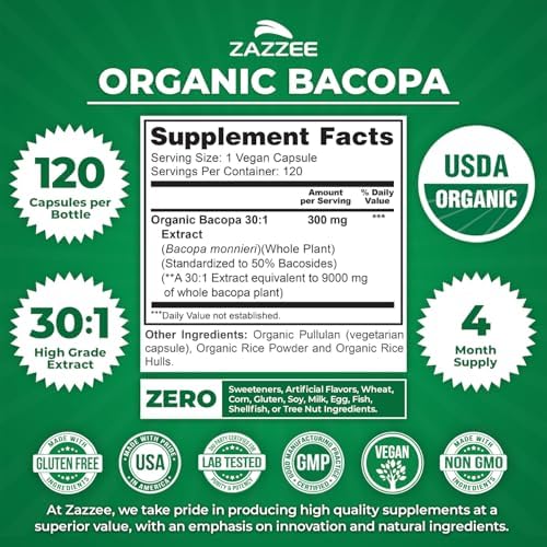 Zazzee USDA Organic Bacopa 30 1 Extract  50  Bacosides  120 Vegan Capsules  4 Month Supply  Bacopa Monnieri  Cognitive  Brain & Memory Support  Non GMO  Organic Herbal Supplement  Made in the USA