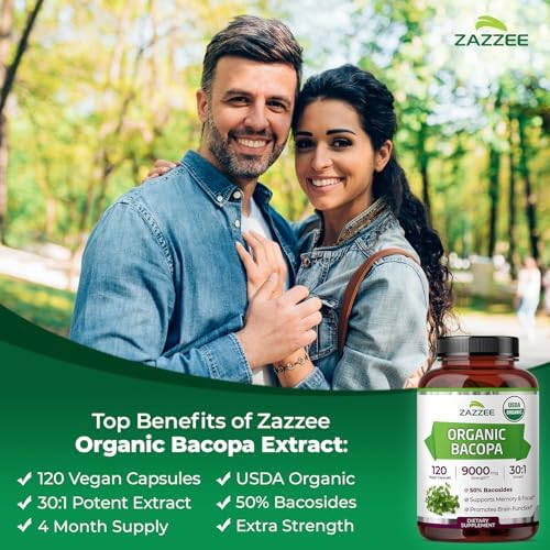 Zazzee USDA Organic Bacopa 30 1 Extract  50  Bacosides  120 Vegan Capsules  4 Month Supply  Bacopa Monnieri  Cognitive  Brain & Memory Support  Non GMO  Organic Herbal Supplement  Made in the USA