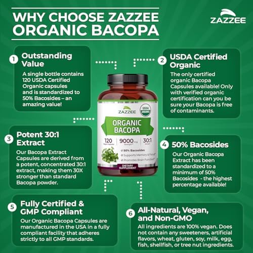 Zazzee USDA Organic Bacopa 30 1 Extract  50  Bacosides  120 Vegan Capsules  4 Month Supply  Bacopa Monnieri  Cognitive  Brain & Memory Support  Non GMO  Organic Herbal Supplement  Made in the USA