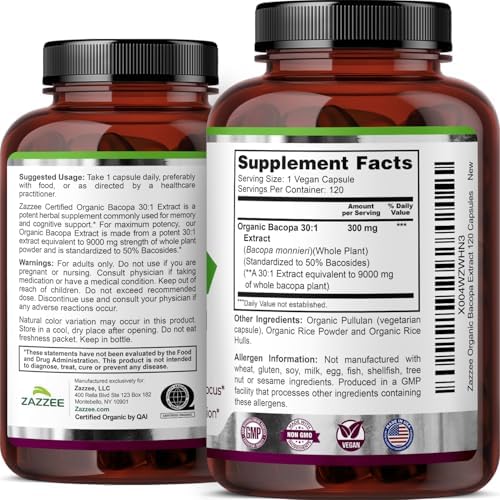Zazzee USDA Organic Bacopa 30 1 Extract  50  Bacosides  120 Vegan Capsules  4 Month Supply  Bacopa Monnieri  Cognitive  Brain & Memory Support  Non GMO  Organic Herbal Supplement  Made in the USA