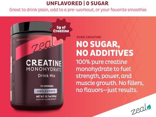 Zeal Micronized Creatine Monohydrate Powder   Pure Unflavored Creatine   5g per Serving  72 Servings   Supports Muscle Growth  Strength & Recovery   Creatina Monohidratada en Polvo