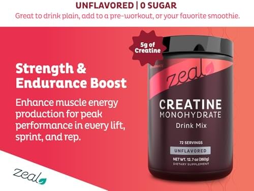 Zeal Micronized Creatine Monohydrate Powder   Pure Unflavored Creatine   5g per Serving  72 Servings   Supports Muscle Growth  Strength & Recovery   Creatina Monohidratada en Polvo