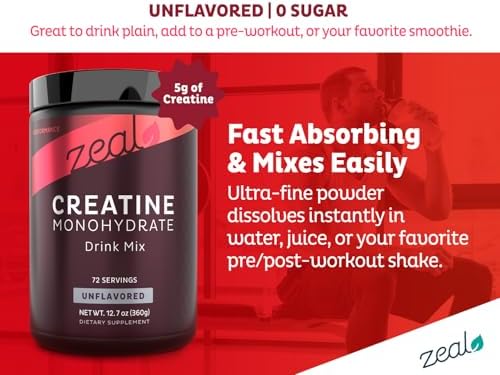 Zeal Micronized Creatine Monohydrate Powder   Pure Unflavored Creatine   5g per Serving  72 Servings   Supports Muscle Growth  Strength & Recovery   Creatina Monohidratada en Polvo