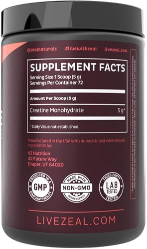 Zeal Micronized Creatine Monohydrate Powder   Pure Unflavored Creatine   5g per Serving  72 Servings   Supports Muscle Growth  Strength & Recovery   Creatina Monohidratada en Polvo