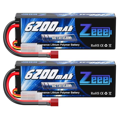 Zeee 2S Lipo Battery 6200mAh 7 4V 60C Hard Case Battery with T Connector for RC Vehicles Car Truck Truggy Boat Racing Hobby 2 Pack 