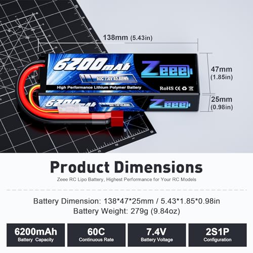 Zeee 2S Lipo Battery 6200mAh 7 4V 60C Hard Case Battery with T Connector for RC Vehicles Car Truck Truggy Boat Racing Hobby 2 Pack 