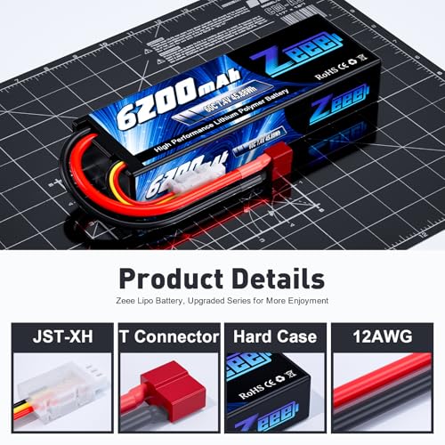 Zeee 2S Lipo Battery 6200mAh 7 4V 60C Hard Case Battery with T Connector for RC Vehicles Car Truck Truggy Boat Racing Hobby 2 Pack 