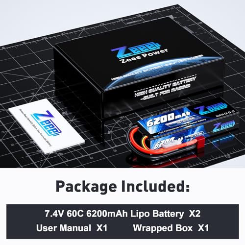 Zeee 2S Lipo Battery 6200mAh 7 4V 60C Hard Case Battery with T Connector for RC Vehicles Car Truck Truggy Boat Racing Hobby 2 Pack 