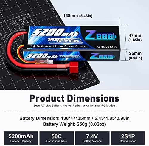 Zeee 7 4V Lipo Battery 2S 50C 5200mAh Lipos Hard Case with T Connector for RC Car Trucks 1/8 1/10 RC Vehicles 2 Packs