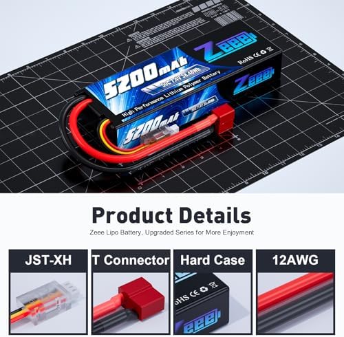 Zeee 7 4V Lipo Battery 2S 50C 5200mAh Lipos Hard Case with T Connector for RC Car Trucks 1/8 1/10 RC Vehicles 2 Packs