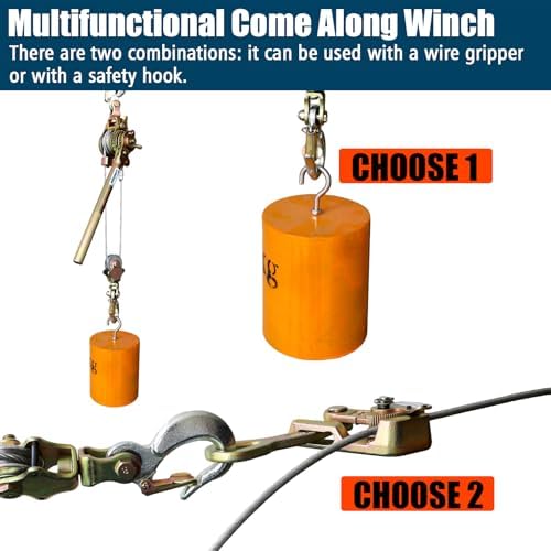 Zipline Tensioning Kit  Come Along Winch 4400lbs with Cable Grip Steel Wire Puller Tools& 2 Hooks  Portable Steel Cable Puller for 3/16 to 1/2 Cable  Cable Winch Puller
