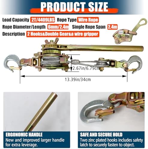 Zipline Tensioning Kit  Come Along Winch 4400lbs with Cable Grip Steel Wire Puller Tools& 2 Hooks  Portable Steel Cable Puller for 3/16 to 1/2 Cable  Cable Winch Puller