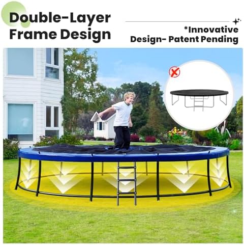 Zupapa 1800LBS Capacity Double Frame Trampoline 16 15 14 12FT No Gap Safety Design Curved Poles & Basketball Hoop 10 Year Quality Assurance Perfect for Kids & Family Outdoor Fun