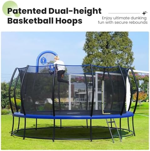 Zupapa 1800LBS Capacity Double Frame Trampoline 16 15 14 12FT No Gap Safety Design Curved Poles & Basketball Hoop 10 Year Quality Assurance Perfect for Kids & Family Outdoor Fun