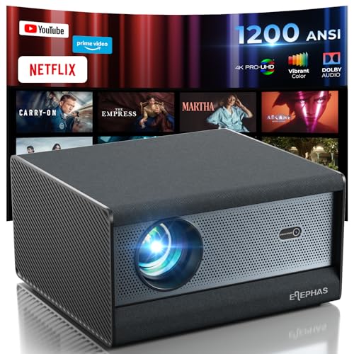  1200 ANSI/Netflix Licensed/30W Dolby Audio  ELEPHAS Smart 4K Projector with WiFi and Bluetooth  Dust Proof Sealed UHD Video Projector  Auto Focus/Keystone  Portable Home Theater for Indoor/Outdoor