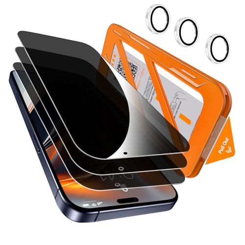 QHOHQ Paquete de 3 protectores de pantalla de privacidad para 17 Pro + un juego de protectores de lente de cámara, vidrio templado antiespía de 28° para iPhone 2025, [grado militar inastillable