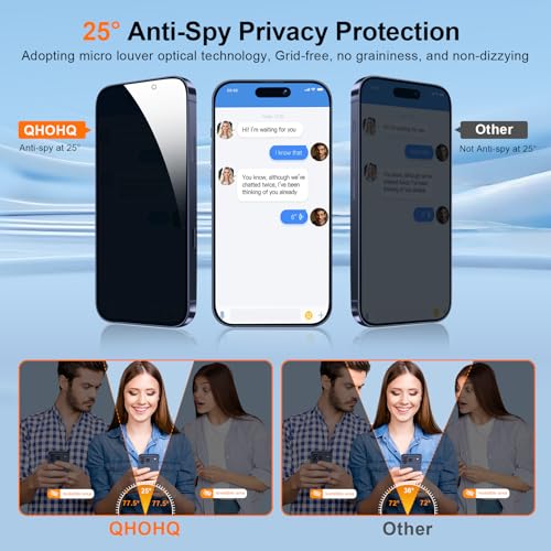 QHOHQ Paquete de 3 protectores de pantalla de privacidad para 17 Pro + un juego de protectores de lente de cámara, vidrio templado antiespía de 28° para iPhone 2025, [grado militar inastillable