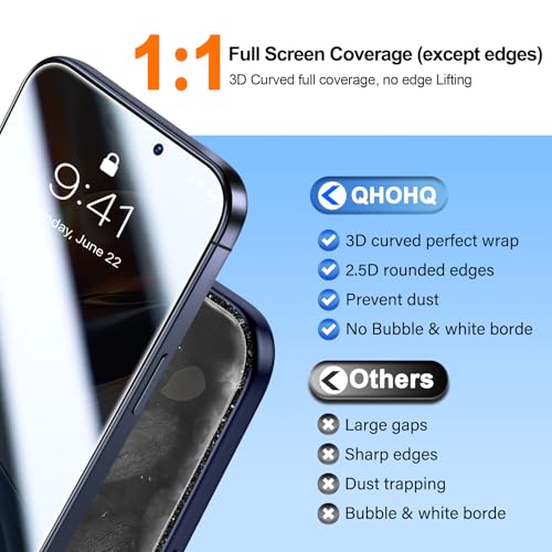 QHOHQ Paquete de 3 protectores de pantalla de privacidad para 17 Pro + un juego de protectores de lente de cámara, vidrio templado antiespía de 28° para iPhone 2025, [grado militar inastillable