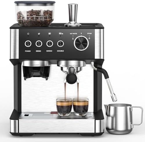  2026 Upgrade  Espresso Machine with Grinder  Expresso Coffee Machines with Built in Anti Clog Coffee Grinder/Milk Steam Wand/Frother  Expresso Machines for Home Perfect Cappuccino & Latte Gloss Black