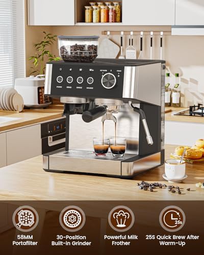  2026 Upgrade  Espresso Machine with Grinder  Expresso Coffee Machines with Built in Anti Clog Coffee Grinder/Milk Steam Wand/Frother  Expresso Machines for Home Perfect Cappuccino & Latte Gloss Black