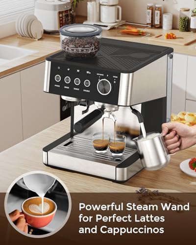  2026 Upgrade  Espresso Machine with Grinder  Expresso Coffee Machines with Built in Anti Clog Coffee Grinder/Milk Steam Wand/Frother  Expresso Machines for Home Perfect Cappuccino & Latte Gloss Black