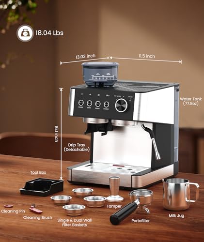  2026 Upgrade  Espresso Machine with Grinder  Expresso Coffee Machines with Built in Anti Clog Coffee Grinder/Milk Steam Wand/Frother  Expresso Machines for Home Perfect Cappuccino & Latte Gloss Black