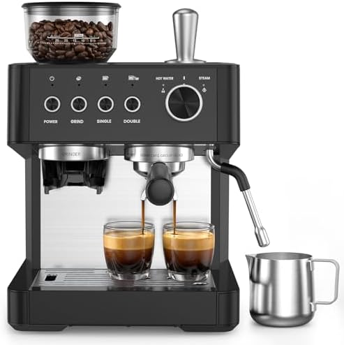  2026 Upgrade  Espresso Machine with Grinder  Expresso Coffee Machines with Built in Anti Clog Coffee Grinder/Milk Steam Wand/Frother  Expresso Machines for Home Perfect Cappuccino & Latte Gloss Black