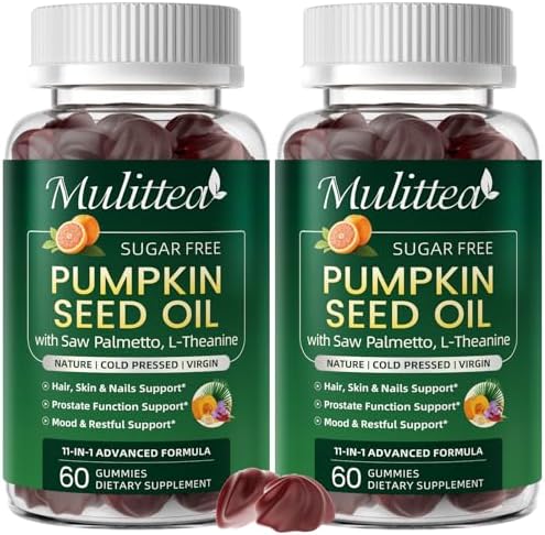  2 Pack  Pumpkin Seed Oil with Saw Palmetto Gummies  Plus L Theanine for Mood  Hair & Prostate Support   Virgin Cold Pressed  Essential Fatty Acids & Phytosterols  Non GMO  for Women & Men 60 Chews