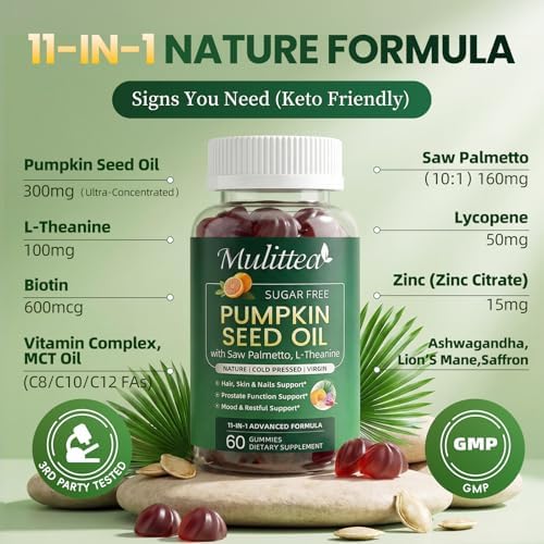  2 Pack  Pumpkin Seed Oil with Saw Palmetto Gummies  Plus L Theanine for Mood  Hair & Prostate Support   Virgin Cold Pressed  Essential Fatty Acids & Phytosterols  Non GMO  for Women & Men 60 Chews