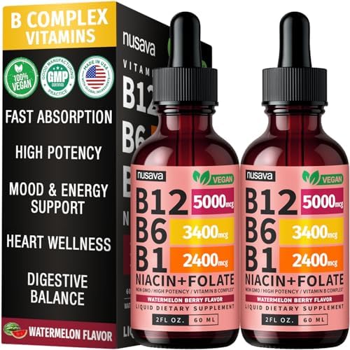 2 Pack  Vitamin B12 and B6 Liquid Drops  B12 Sublingual Vitamin B Complex   B 12 Vitamin 5000mcg   B12 Methylcobalamin for Energy  Brain  and Heart Support with 27 200 mcg  Raspberry  80 Servings