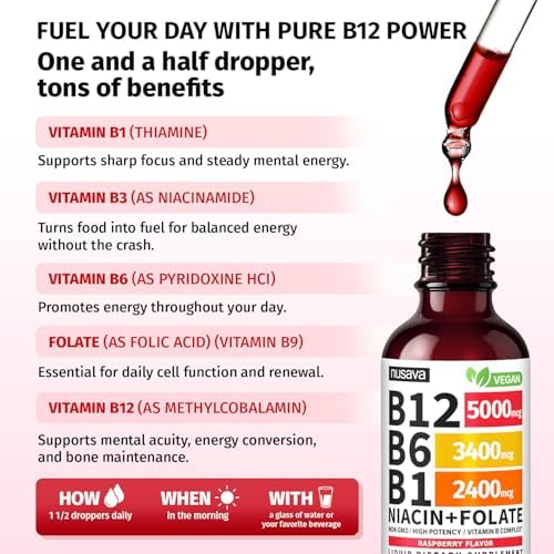 2 Pack  Vitamin B12 and B6 Liquid Drops  B12 Sublingual Vitamin B Complex   B 12 Vitamin 5000mcg   B12 Methylcobalamin for Energy  Brain  and Heart Support with 27 200 mcg  Raspberry  80 Servings