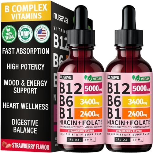 2 Pack  Vitamin B12 and B6 Liquid Drops  B12 Sublingual Vitamin B Complex   B 12 Vitamin 5000mcg   B12 Methylcobalamin for Energy  Brain  and Heart Support with 27 200 mcg  Raspberry  80 Servings