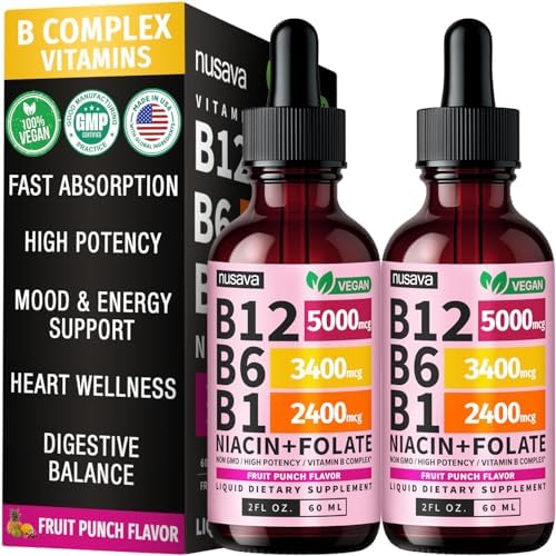 2 Pack  Vitamin B12 and B6 Liquid Drops  B12 Sublingual Vitamin B Complex   B 12 Vitamin 5000mcg   B12 Methylcobalamin for Energy  Brain  and Heart Support with 27 200 mcg  Raspberry  80 Servings