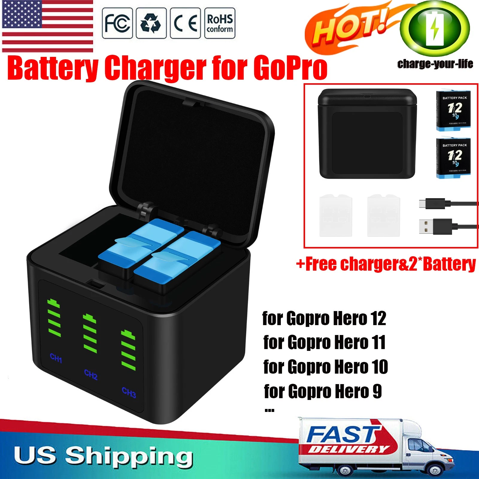 3 Channel Battery Charger & 2 Pack Battery For GoPro Hero 9 10 11 12 Black NEW