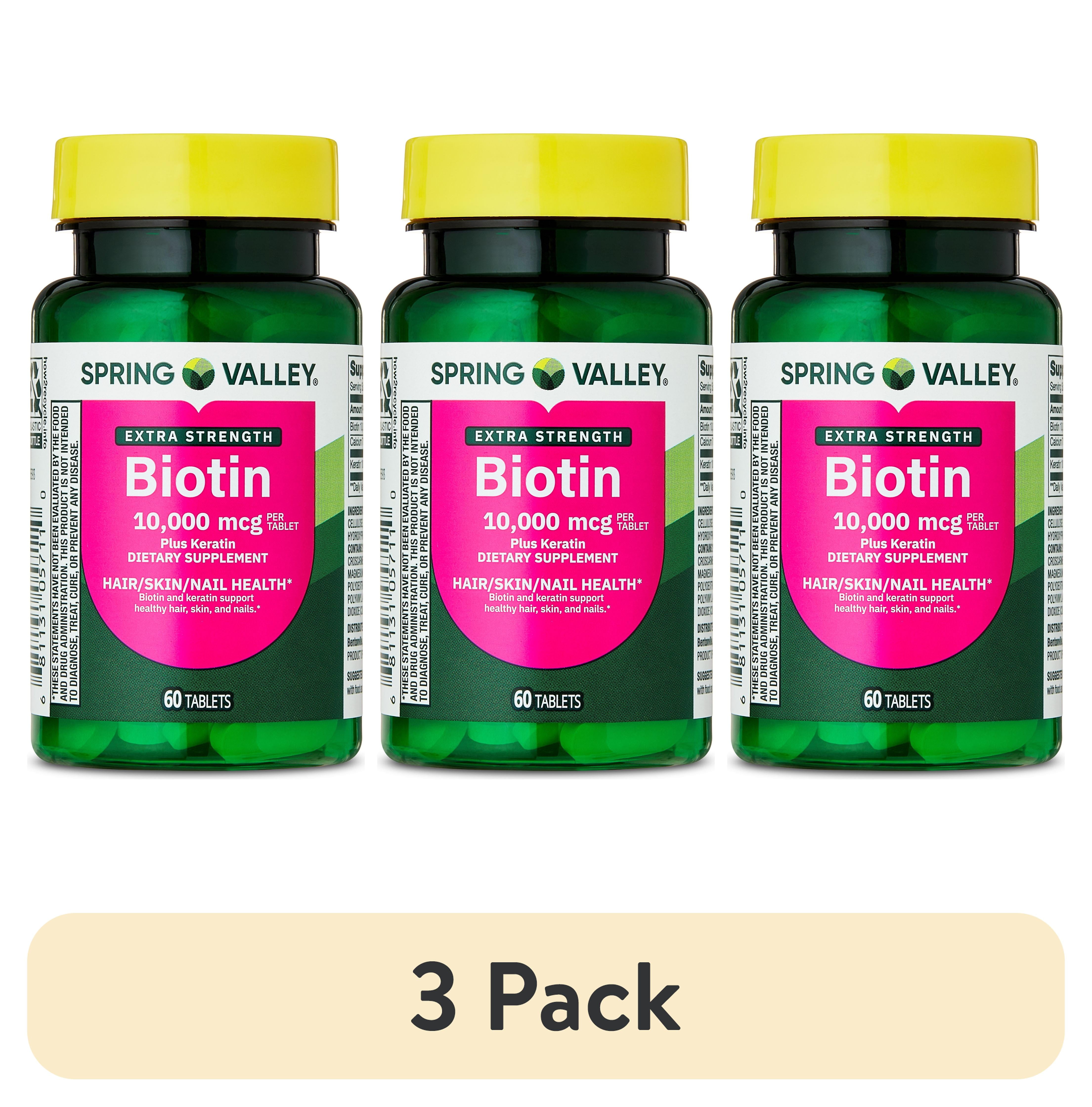 3 pack  Spring Valley Extra Strength Biotin Plus Keratin Dietary Supplement Tablets for Hair/Skin/Nail Health  10 000 mcg  60 Count