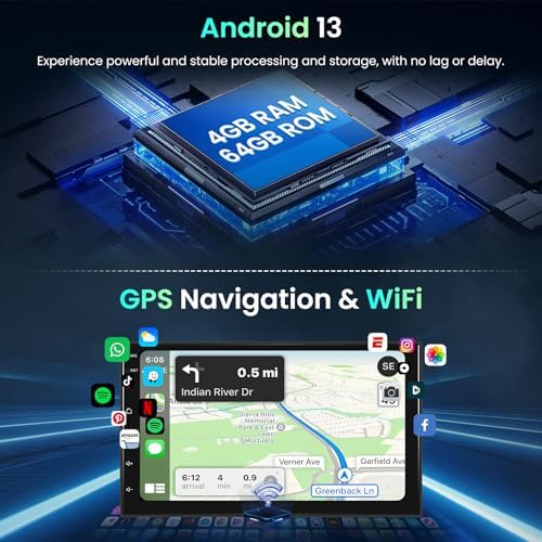 4G 64G  Android Car Radio 7 Inch Double Din with Wireless Carplay & Android Auto  Hodozzy Touch Screen Car Radio GPS Navigation WiFi Bluetooth FM/RDS Radio EQ/USB/SWC AHD Backup Camera